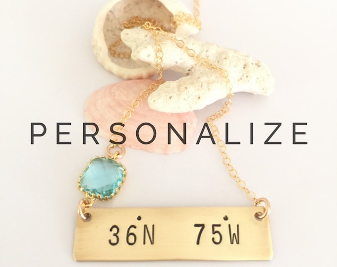 Custom Coordinates Personalized Gold Fill Bar Necklace Latitude Longitude Wedding Anniversary Destination Beach