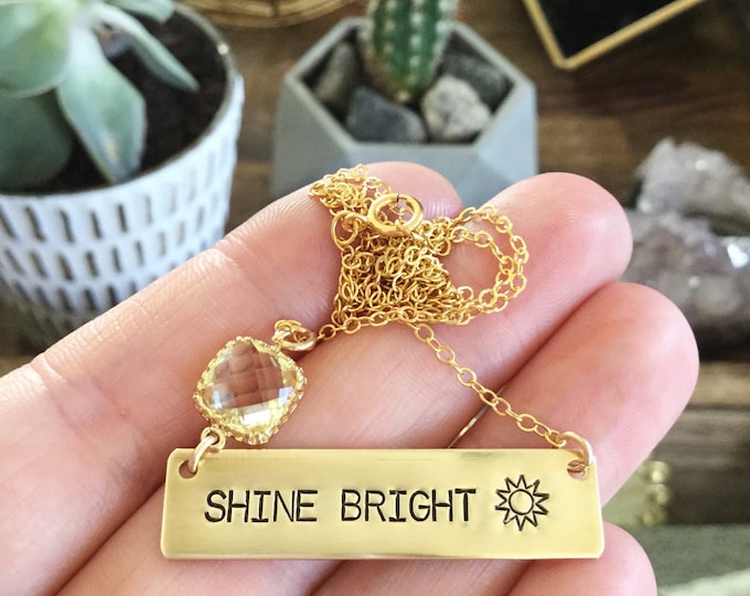 SHINE Bright Stamped Gold Fill Bar Necklace Friend Gift Customizable Boho Layering Name Plate Bridesmaids Beach Outer Banks