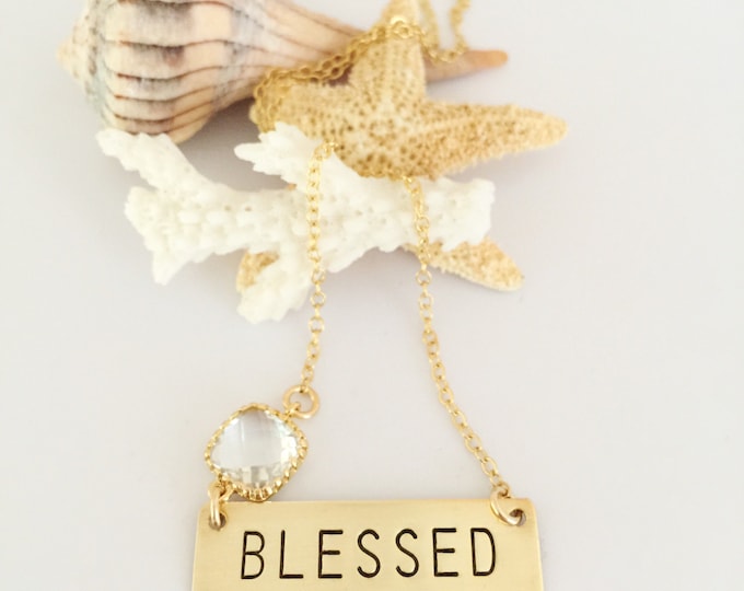 Blessed Stamped Gold Fill Bar Necklace Layering Bohemian Stacking Friend Gift Grateful