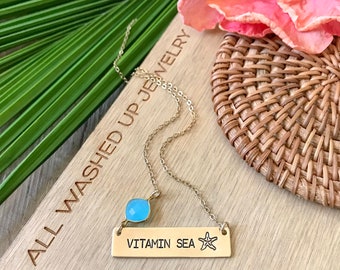 Vitamin Sea Stamped Bar Necklace Name Plate Bridesmaids Beach Necklace Wedding mermaid Friend Gift Gold Fill Gold Customized Personalized