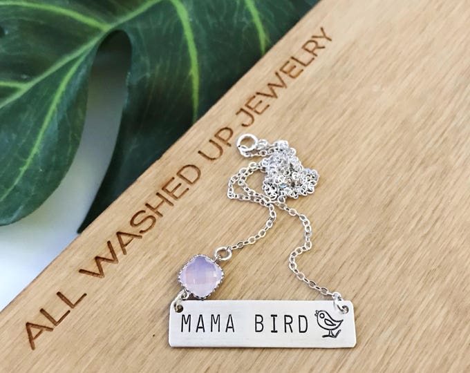 Mama Bird Stamped Sterling Silver Bar Necklace New Mom Gift Birthstone Name