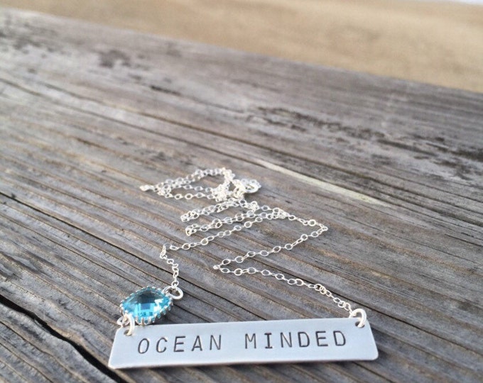 OCEAN Minded Stamped Sterling Silver Bar Necklace Beach Wedding Friend Gift Bridesmaids Boho Outer Banks Sea Layering Necklace Customizable