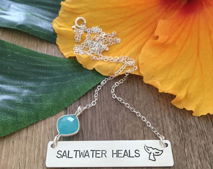 New! // Saltwater Heals Stamped Sterling Silver Bar Necklace