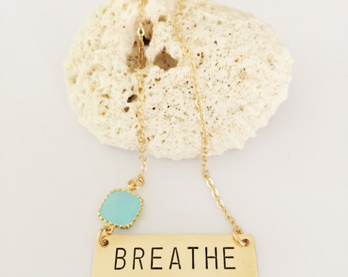 BREATHE Stamped Gold Fill Bar Necklace Layering Bohemian Stacking Friend Gift