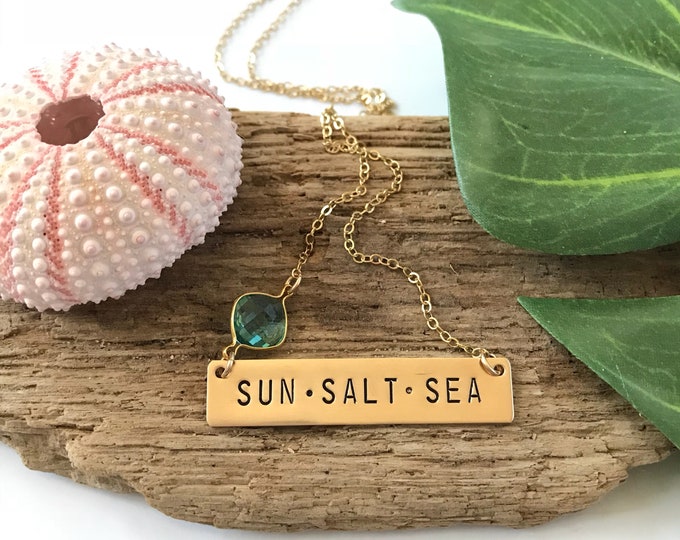 Sun Salt Sea Stamped Gold Fill Bar Necklace Nautical Nameplate Beach Ocean