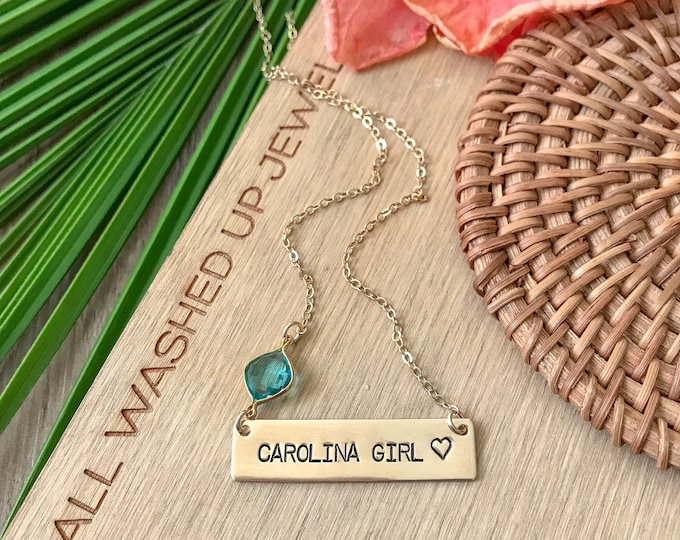 Carolina Girl Bar Necklace Gold Fill Stamped UNC Tarheels Blue College Personalized Nameplate Layering Necklace Bohemian Custom