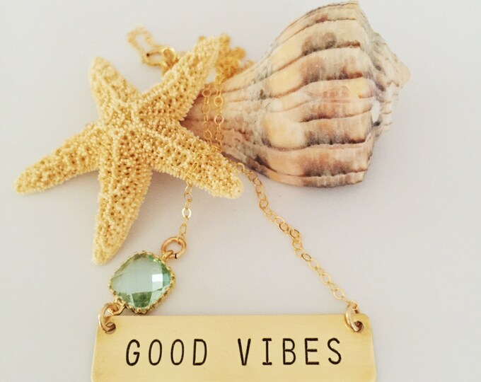 Good Vibes Necklace Stamped Name Plate Bar Necklace Layering Boho Bohemian Gypsy Seas The Day Ocean Sea Coastal Islander Tropical Good Vibes