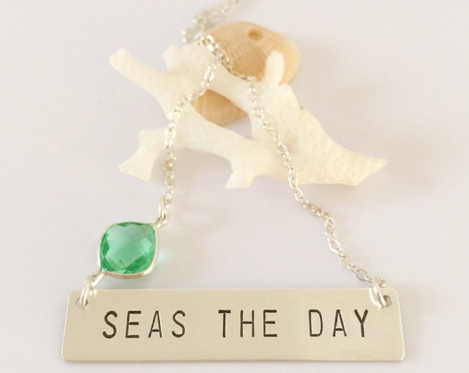 SEAS THE DAY Sterling Silver Stamped Cusom Plate Bar Necklace Anchor Nautical