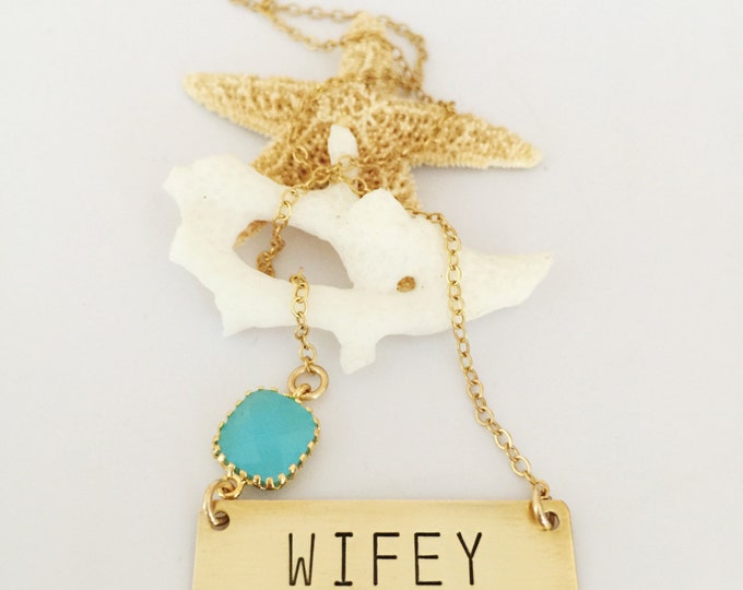 Wifey Stamped Bar Necklace Bride Beach Wedding Gift Friend Ocean Sea Newlywed Wife Mrs Custom Personalized