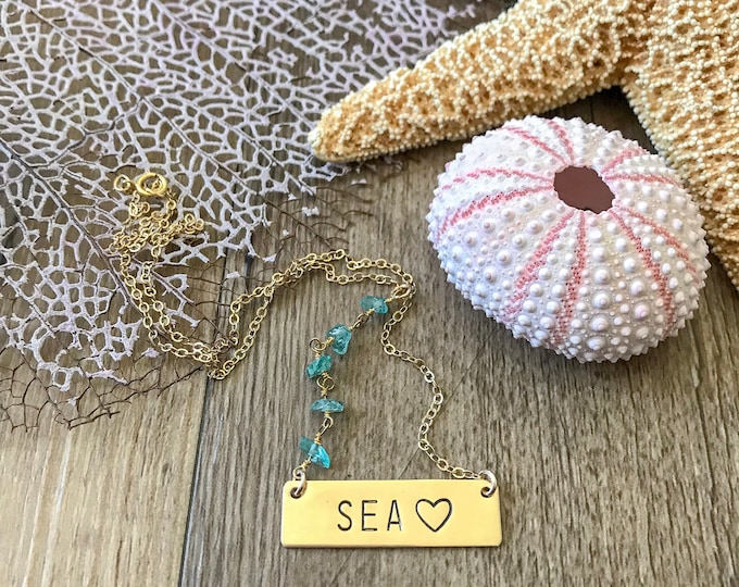 Sea Stamped Gold Fill Bar Necklace