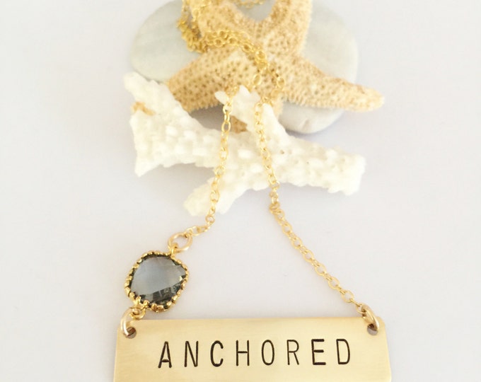 ANCHORED Stamped Gold Fill Bar Necklace Nameplate Bohemian Nautical Beach Layering Boho