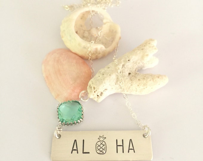 Aloha Stamped Sterling Silver Bar Nameplate Nautical Hawaii Beachglass Turquoise Beach Sea Ocean Water Vitamin Sea Mermaid