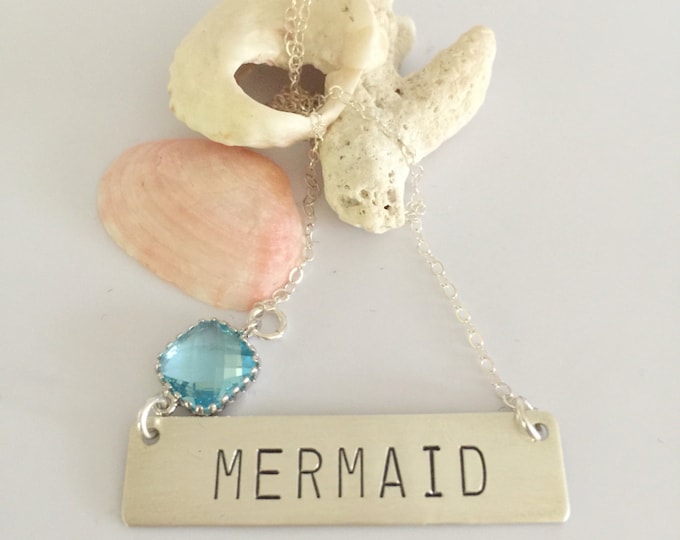 Mermaid Stamped Bar Name Plate Custom Layering Bohemian Boho Necklace Bridesmaids Gift Friend Wedding Beach Seaglass Mothers Day Graduation