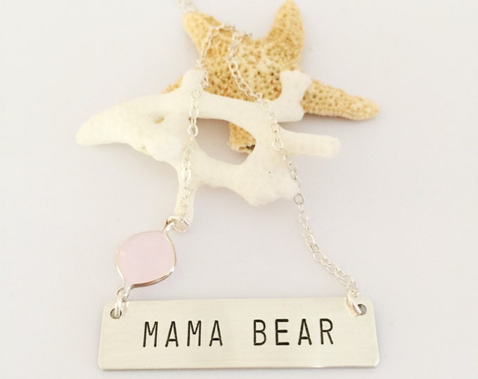 Mama Bear Stamped Sterling Silver Bar Necklace New Mom Gift Gold Custom Love Pink Birthstone Name Necklace