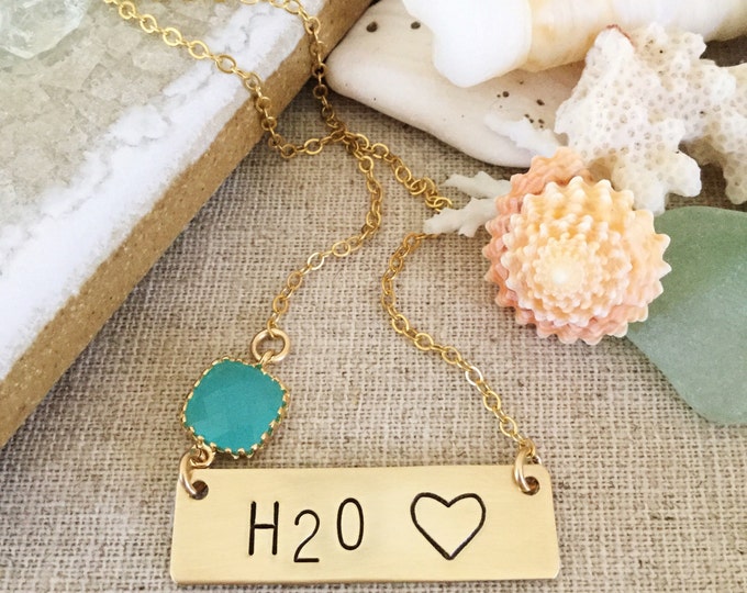 H20 Bar Necklace Stamped Gold Fill Nautical Name plate Customizable Beach Wedding Bridesmaids Friend Gift Personalized