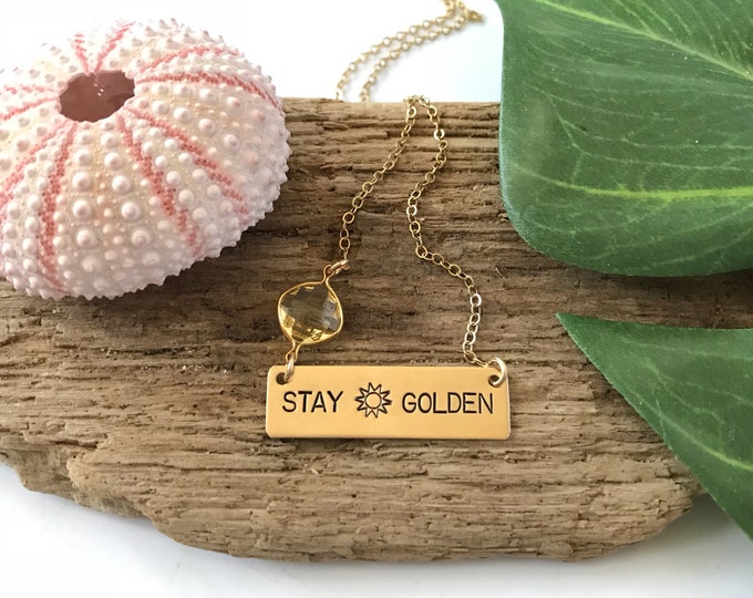 Stay Golden Bar Necklace Brass Stamped Sunshine Sunkissed Sundazed Sunchild Boho  Personalized Nameplate Layering Necklace Bohemian Custom