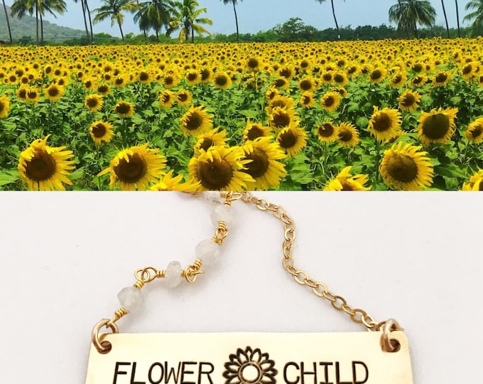 Flower Child Gold Fill Bar Necklace Nameplate Necklace Stamped