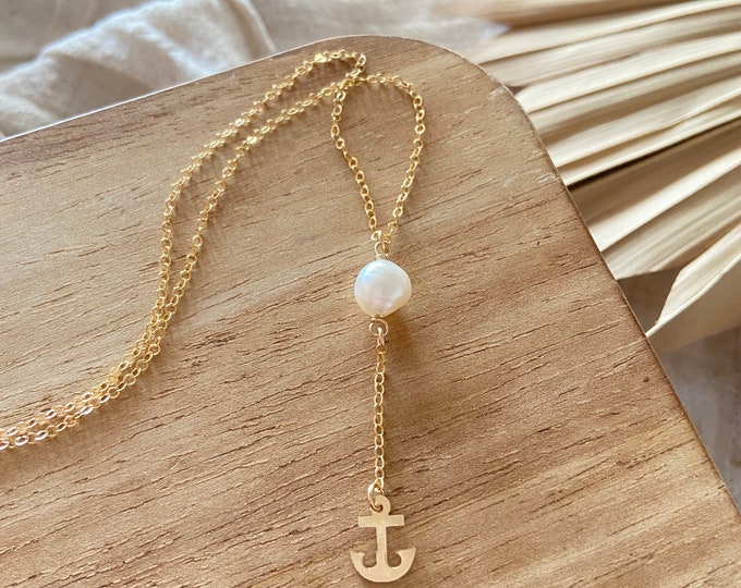 Anchor & Pearl Lariat Necklace