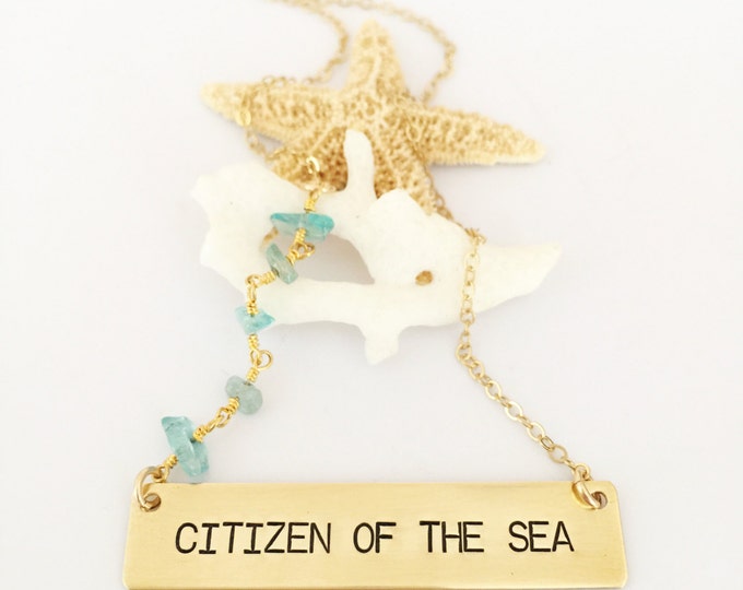 Citizen of The Sea Stamped Gold Fill Beaded Bar Necklace Sea Ocean Layering Salty Beach Boho Outer Banks Mermaid Customizable