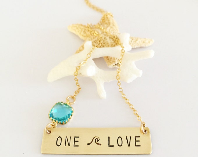 ONE Love Stamped Gold Fill Bar Necklace Wave Beach Sea Ocean Mermaid Gift Love Gold Layering Custom Personalized