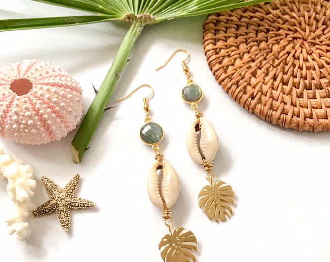 New! // Gold Cowrie Monstera Gemstone Earrings