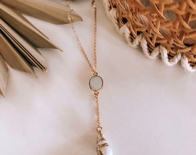 Moonstone & Mini Shell Lariat Necklace