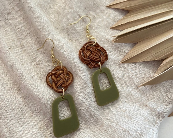 New! // Olive Acrylic and Rattan Woven Earrings