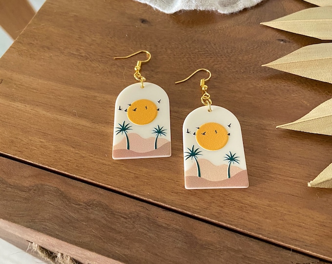 New! // Palm Tree Acrylic Scene Earrings