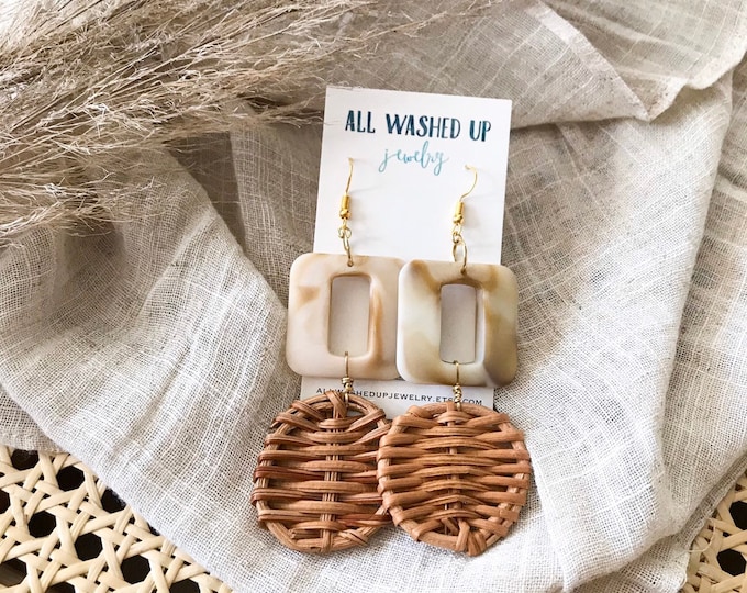 New! // Cream Acrylic and Rattan Woven Earrings