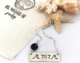 Sterling Silver 757 Area Code Stamped Bar Custom Nameplate Layering Virgina Beach Necklace