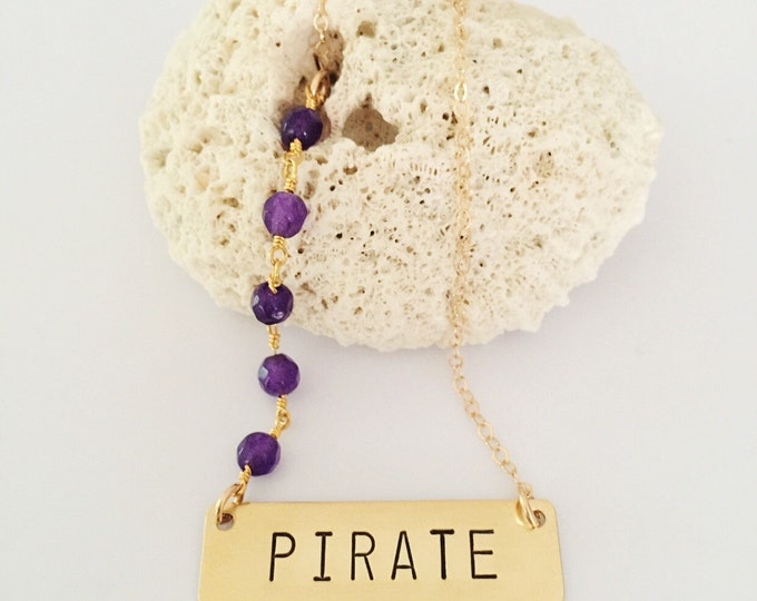 PIRATE Stamped Gold Fill Beaded Bar Necklace East Carolina ECU North Carolina Outer Banks College Customizable Friend Gift Personalized Boho