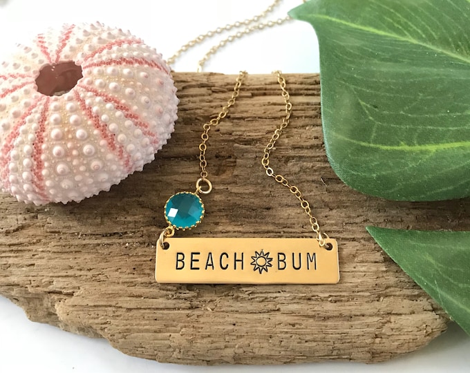 Beach Bum Stamped Gold Fill Bar Necklace Thats Life Friend Gift Ocean Coastal Nautical Beach Bridesmaids
