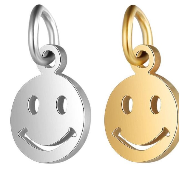 10pcs Smile Face Charm, 18K Gold plaqué acier inoxydable, 7mm , Happy Face Pendentif, Smiley Symbol, Gold Smile Charm Pendentif, Smile Round Disc