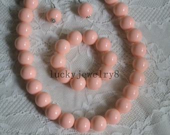 pearl set,pink pearl set,20mm pearl necklace,pearl brcelet,pearl earrings ,gift,Beaded Jewelry,wedding necklace,plastic Pearl set