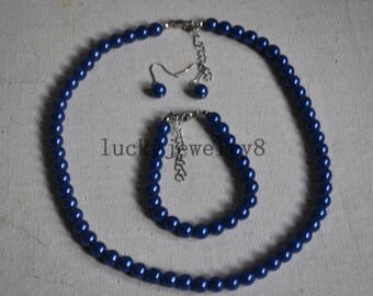 pearl set,blue glass pearl set,pearl necklace,pearl brcelet,pearl earrings bridesmaid gifts,Beaded Jewelry,wedding necklace