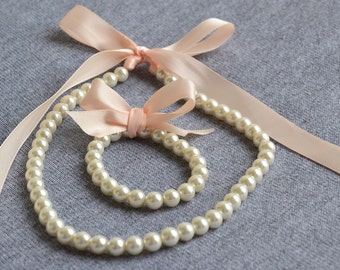 flower girl set, ivory pearl set, Little Girl Pearl and ribbon Necklace and Bracelet set perfect for flower girl gift or first pearls set