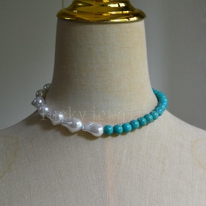 Large Baroque Pearl Necklace,White plastic Baroque Necklace withTurquoise ,Chunky Pearl Choker, Pearl Statement Necklace, Gifts for Her