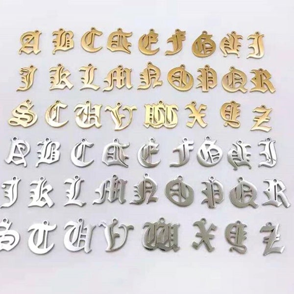 Gothic Letter Charm, 26 Letters Initial Charms, Alphabet Charm. Gold Plated Stainless Steel. Gothic Letter Charm, Old English Letter Pendant