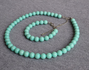 Pearl set ,mint blue pearl Necklace,pearl bracelet,baby pearl set,glass pearl set,pearl necklace,wedding pearls ,giftwedding necklace,