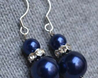 navy Pearl Earrings,rhinestone Earring,Dangle Pearl Earrings, Glass Pearl Earrings,Bridesmaid Earrings,Wedding Party,Wedding party gift