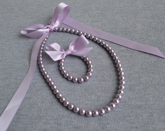 lavender pearl set,lavender ribbon  set. Little Girl Pearl and ribbon Necklace and Bracelet set ,flower girl gift or first pearls.