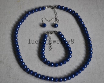 pearl set,blue glass pearl set,pearl necklace,pearl brcelet,pearl earrings bridesmaid gifts,Beaded Jewelry,wedding necklace