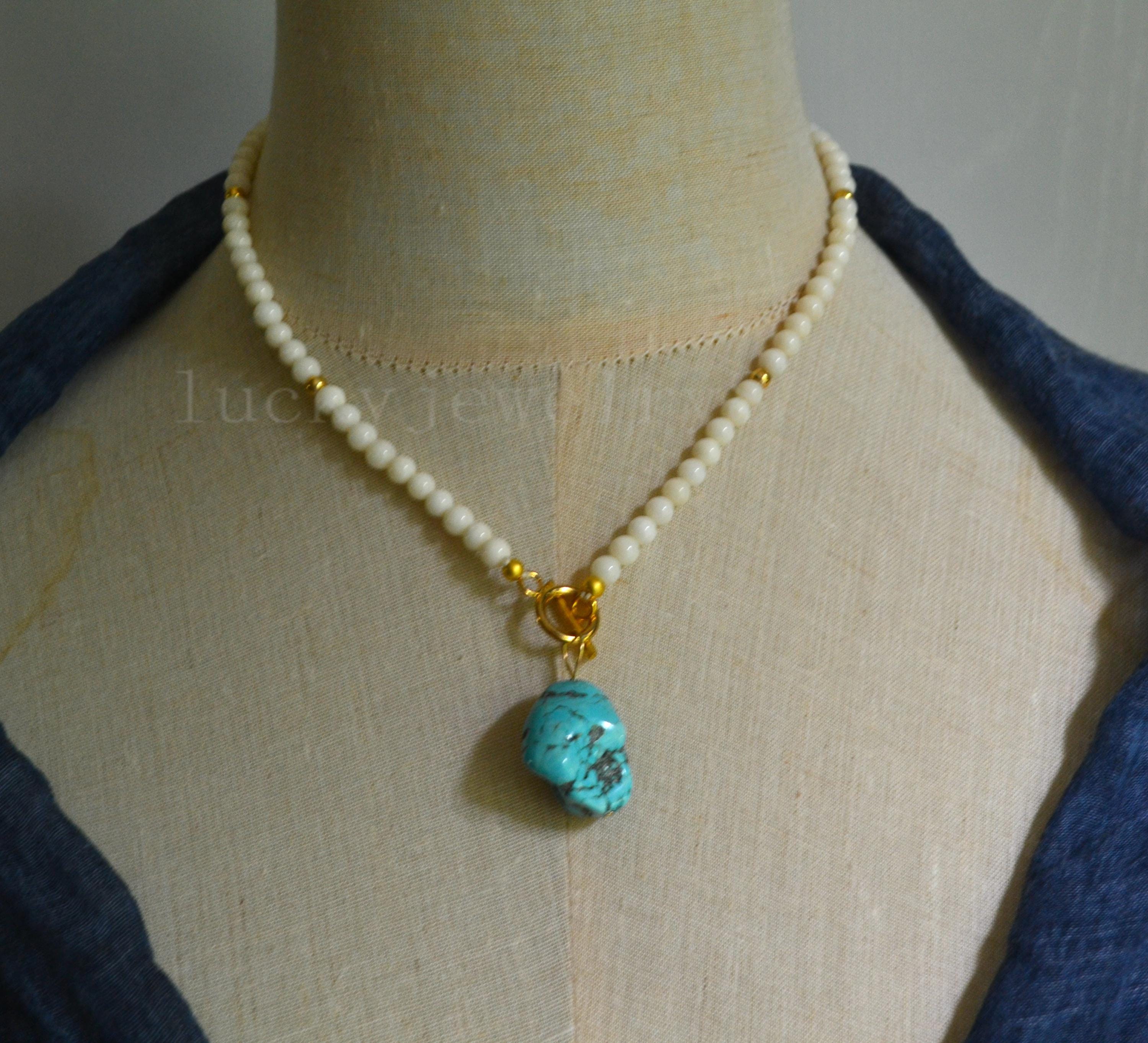 White Coral Necklace With Turquoise Pendant, Dainty Coral Necklace 