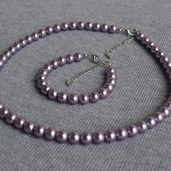 lila parelset, lichtpaarse parelset, glazen parelset, parelketting, parelarmband, bruidsmeisjescadeaus Sieraden met kralen, trouwketting