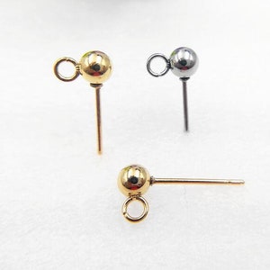 10pcs Ball Post Earring,Earring Findings, 3mm /4mm /5mm /6mm /8mm,Ball Stud Earring With Loop, 316L Stainless Steel Post, 18K Gold Plated