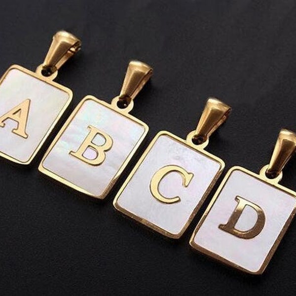 Shell Letter Pendant, Rectangle Letter Charm, 26 Letters Initial Charms Gold Plated Stainless Steel, Mother of Pearl Letter.Alphabet Charm