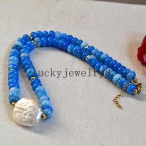 Blue jade Necklace,blue Necklace,5x8mm blue jade Bead necklace,Gemstone Necklace for Women,Large Baroque freshwater pearl Jewelry gift.