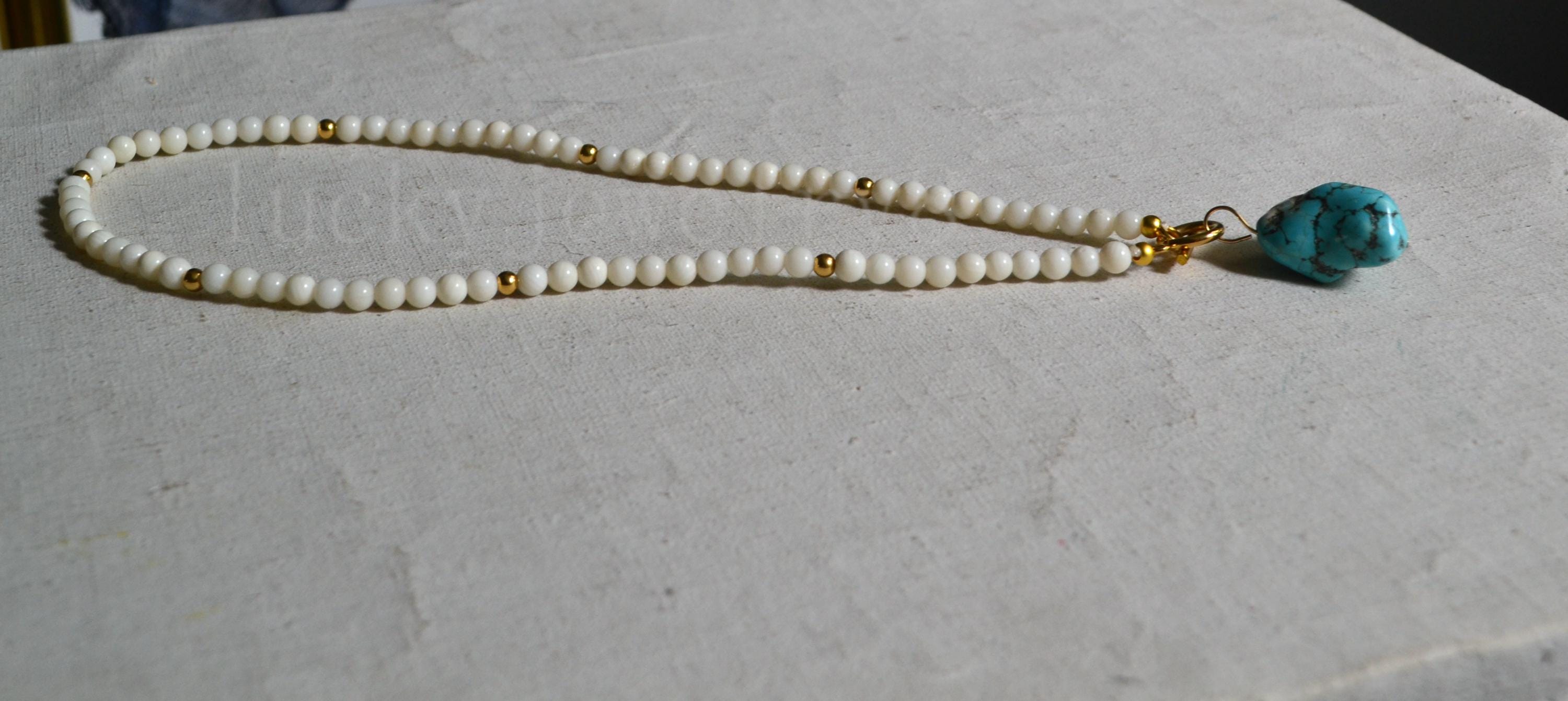 White Coral Necklace With Turquoise Pendant, Dainty Coral Necklace 