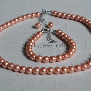 pearl set,peach glass pearl set,pearl necklace,pearl brcelet,pearl earrings bridesmaid gifts,Beaded Jewelry,wedding necklace