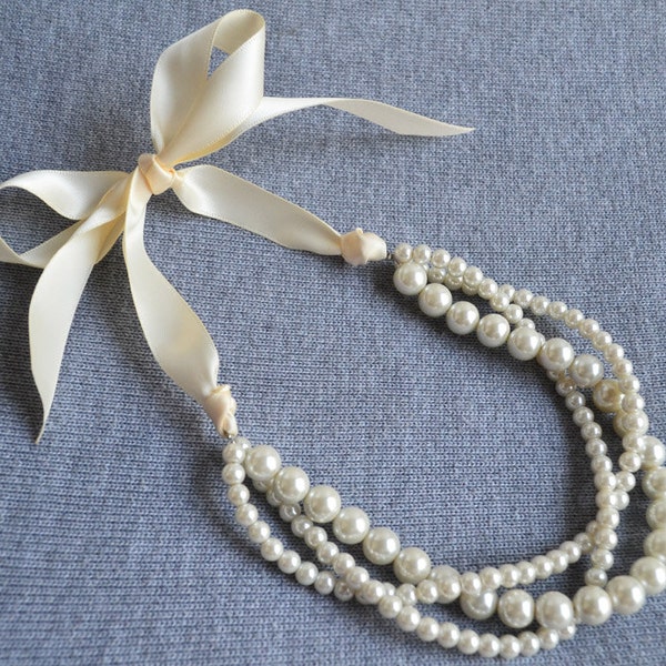 ivory pearl necklace, pearl necklace,Ribbon necklace,ivory Ribbon,Wedding necklace.bridesmaid necklace.3 rows necklace,glass pearl necklace